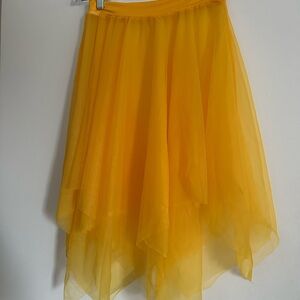 Yellow midi A-Line skirt with asymmetrical high-low style for cocktail